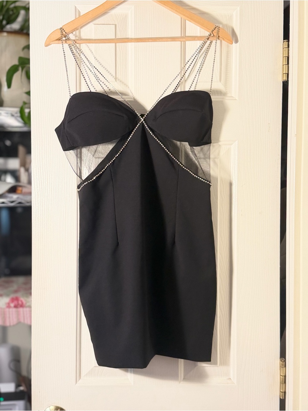 HEIRESS Beverly Hills Black Diamanté Rhinestone Mesh Cutout Mini Dress L
